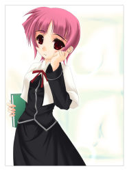 Rule 34 | 00s, 1girl, black dress, blouse, blush, book, bow, dress, frapowa, hand on own face, looking at viewer, lyrical nanoha, mahou shoujo lyrical nanoha, mahou shoujo lyrical nanoha strikers, nun, pink hair, red bow, red eyes, schach nouera, shirt, solo, traditional nun, white shirt