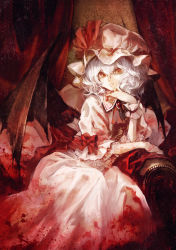 Rule 34 | 1girl, ascot, banpai akira, bat wings, bow, brooch, chair, female focus, hat, hat ribbon, jewelry, light purple hair, looking at viewer, red eyes, remilia scarlet, ribbon, short hair, sitting, smile, solo, touhou, wings, wrist cuffs