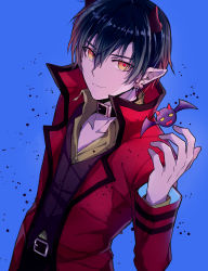 Rule 34 | 1boy, belt buckle, black hair, blue background, brown shirt, buckle, closed mouth, coat, collar, collarbone, collared shirt, daruizen, dress shirt, earrings, hair between eyes, healin&#039; good precure, highres, horns, jewelry, lazy orange, long sleeves, looking at viewer, male focus, open clothes, open coat, pointy ears, precure, purple vest, red coat, shirt, short hair, smile, solo, vest, wing collar, yellow eyes