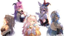 Rule 34 | 5girls, ahoge, animal ear fluff, animal ears, asymmetrical horns, bare shoulders, beret, blonde hair, blue hair, blue neckwear, blush, bow, braid, breasts, bun cover, chinese clothes, choker, clown, demon horns, detached sleeves, double bun, fennec fox, finger to mouth, flower, fur-trimmed jacket, fur trim, green eyes, grey eyes, grey hair, hair between eyes, hair bow, hair bun, hair flower, hair ornament, hat, headphones, headphones around neck, heart, heart ahoge, highres, hololive, horns, jacket, large breasts, leotard, lion ears, lion girl, long hair, looking at viewer, mano aloe, momosuzu nene, multicolored hair, multiple girls, neck bell, off-shoulder jacket, off shoulder, omaru polka, omaru polka (1st costume), one eye closed, open mouth, pink hair, playing card theme, pointy ears, purple eyes, ribbon, shishiro botan, shishiro botan (1st costume), shushing, simple background, smile, two-tone hair, uneven horns, virtual youtuber, white background, wrist cuffs, yellow eyes, yellow sleeves, yu hydra, yukihana lamy