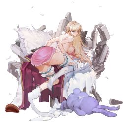 Rule 34 | 1girl, ass, babydoll, bed sheet, beretta 92, blonde hair, blue eyes, breasts, coat, unworn coat, covered erect nipples, cuts, defeat, faux figurine, feathers, frilled babydoll, frilled nightgown, frilled straps, full body, game cg, gun, hair ribbon, handgun, highres, injury, large breasts, last origin, leona of blood &amp; iron, long hair, looking at viewer, looking back, machinery, median furrow, nightgown, official alternate costume, official art, open mouth, pillow, pink babydoll, pink nightgown, pom pom (clothes), ribbon, rorobomb, simple background, solo, stuffed animal, stuffed rabbit, stuffed toy, tears, thigh strap, thighhighs, thighs, topless, torn clothes, torn coat, torn thighhighs, transparent background, weapon, white coat, white ribbon