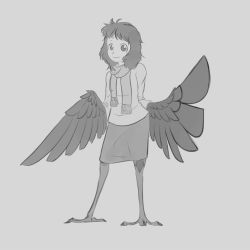 Rule 34 | 1girl, bird legs, crowanon, crowgirl, feathered wings, feathers, greyscale, harpy, medium hair, messy hair, monochrome, monster girl, original, scarf, skirt, solo, source request, sweater, talons, winged arms, wings