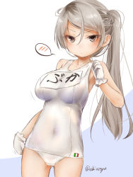 Rule 34 | 1girl, adjusting clothes, akino shuu, alternate costume, alternate hairstyle, blush, breasts, brown eyes, collarbone, conte di cavour (kancolle), covered navel, cowboy shot, gloves, gluteal fold, gradient background, italian flag, kantai collection, large breasts, long hair, one-piece swimsuit, ponytail, school swimsuit, side ponytail, solo, swimsuit, twitter username, white background, white gloves, white one-piece swimsuit