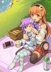 Rule 34 | 10s, 2girls, :o, bare shoulders, black legwear, blonde hair, blush, choker, collar, collarbone, compa, d-pad, detached sleeves, food, game console, grass, hair ornament, hairband, handheld game console, heart, highres, holding, holding spoon, hood, hooded track jacket, jacket, knees together feet apart, long hair, multiple girls, neptune (neptunia), neptune (series), no shoes, one eye closed, orange eyes, orange hair, picnic basket, plaid, plaid skirt, pleated skirt, pudding, purple eyes, purple hair, sandwich, segamark, sitting, skirt, spoon, striped clothes, striped legwear, striped thighhighs, thighhighs, track jacket, wariza, water, wiping face, yellow eyes