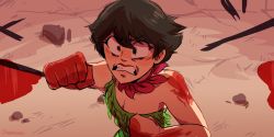 Rule 34 | 1girl, angry, arm up, artist name, ashi (samurai jack), bare shoulders, black eyes, black hair, blood, breasts, chairosaki, cleavage, clenched hands, clenched teeth, dress, female focus, green dress, hand up, highres, matching hair/eyes, samurai jack, short hair, signature, single strap, solo, teeth, upper body