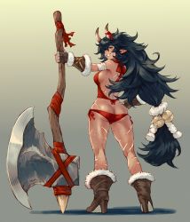 Rule 34 | 1girl, ankle boots, armor, ass, axe, bandaged arm, bandages, bare shoulders, battle axe, bell, bikini, bikini armor, black hair, boots, breasts, brown footwear, butt crack, commentary request, dark-skinned female, dark skin, fangs, fingerless gloves, full body, fur trim, gloves, gradient background, grin, hair bell, hair ornament, halterneck, hand on own hip, high heel boots, high heels, highres, holding, holding axe, holding weapon, horns, huge weapon, jingle bell, long hair, looking at viewer, looking back, lowleg, lowleg bikini, makimura shunsuke, medium breasts, messy hair, original, pointy ears, red bikini, scar, scar on face, shiny skin, side-tie bikini bottom, simple background, smile, solo, standing, swimsuit, teeth, very long hair, weapon, yellow eyes