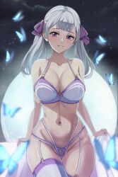 Rule 34 | 1girl, absurdres, black clover, bra, breasts, bug, butterfly, cleavage, curvy, garter straps, grey hair, highres, insect, large breasts, lingerie, looking at viewer, moon, night, noelle silva, panties, purple eyes, smile, solo, the amazing gambit, thick thighs, thighhighs, thighs, thong, twintails, underwear, wide hips