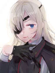 Rule 34 | 1girl, black dress, black gloves, blonde hair, blue eyes, chi di mo, dress, eyepatch, gloves, goddess of victory: nikke, guillotine (nikke), hair between eyes, hair over one eye, highres, long hair, long sleeves, looking at viewer, parted lips, simple background, solo, upper body, white background