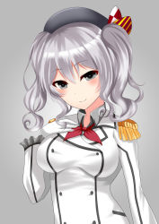 Rule 34 | 10s, 1girl, ayasato karen, bad id, bad pixiv id, blush, buttons, double-breasted, epaulettes, gloves, grey background, grey eyes, grey hair, hand on own chest, hat, highres, jacket, kantai collection, kashima (kancolle), kerchief, military, military uniform, sidelocks, smile, solo, tsurime, twintails, uniform, wavy hair