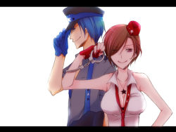 Rule 34 | 1boy, 1girl, bad id, bad pixiv id, blue theme, breasts, cleavage, couple, cuffs, fingerless gloves, garrison cap, gloves, hand on headwear, handcuffs, hat, hetero, kaito (vocaloid), letterboxed, meiko (vocaloid), nail polish, necktie, peaked cap, police, profile, red theme, smile, star (symbol), uniform, vocaloid