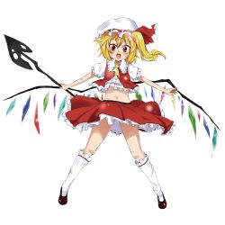 Rule 34 | 1girl, bad id, bad pixiv id, blonde hair, female focus, flandre scarlet, flat chest, full body, hat, highres, laevatein, red eyes, shoes, short hair, side ponytail, socks, solo, standing, touhou, transparent background, wings, yasuda