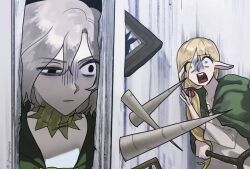 Rule 34 | 1boy, 1girl, bags under eyes, black eyes, blonde hair, broken door, cape, dungeon meshi, elf, gorget, graveyard444, green cape, green eyes, grey hair, here&#039;s johnny! (meme), holding, holding staff, hole in wall, horror (theme), lazy eye, long hair, long sleeves, marcille donato, meme, mithrun, open mouth, panicking, parody, picture frame, pointy ears, scared, scene reference, shaded face, shirt, short hair, spikes, staff, the shining, turn pale, uneven eyes