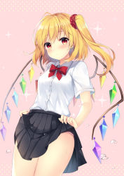 Rule 34 | 1girl, alternate costume, black skirt, blonde hair, blush, bow, breasts, bubble, clothes lift, collared shirt, commentary request, cropped legs, crystal, dot mouth, dotted background, flandre scarlet, hair ornament, hair scrunchie, looking at viewer, medium breasts, medium hair, panties, pink background, pink panties, red bow, red eyes, red neckwear, red scrunchie, ruhika, scrunchie, self exposure, shirt, side ponytail, skirt, skirt lift, solo, sweat, thighs, touhou, underwear, white shirt, wing collar, wings