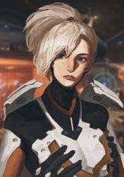 Rule 34 | 1girl, absurdres, armor, black gloves, black shirt, blonde hair, blue eyes, bodysuit, breastplate, breasts, gloves, hair ornament, hair tie, halo, unworn headwear, headwear request, highres, holding, indoors, lipstick, long hair, makeup, mechanical halo, mercy (overwatch), overwatch, overwatch 1, parted lips, ponytail, red lips, shirt, solo, taut clothes, taut shirt, tony sun, turtleneck, upper body
