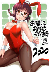 Rule 34 | 1girl, 2020, absurdres, akeome, akizuki ritsuko, animal ears, antenna hair, black pantyhose, bow, bowtie, braid, brown eyes, brown hair, commentary request, detached collar, fake animal ears, full body, glasses, gradient background, grid background, happy new year, high heels, highres, idolmaster, idolmaster (classic), idolmaster 1, leotard, looking at viewer, new year, pantyhose, playboy bunny, rabbit ears, red bow, red bowtie, red footwear, red leotard, solo, strapless, strapless leotard, twin braids, white background, wrist cuffs, yellow quokka