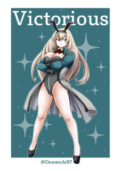 Rule 34 | 1girl, absurdres, adapted costume, animal ears, bare legs, black footwear, blonde hair, bow (weapon), breasts, character name, compound bow, cropped jacket, crossed arms, fake animal ears, flower, full body, green background, green jacket, grey leotard, high heels, highres, jacket, kantai collection, large breasts, leotard, long hair, onomichi (528959), playboy bunny, rabbit ears, red flower, red rose, rose, solo, tiara, twitter username, underskirt, victorious (kancolle), weapon, white background