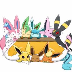 Rule 34 | +++, :3, animated, blush, closed eyes, commentary request, creatures (company), ear wiggle, eevee, espeon, evolutionary line, fang, fins, flareon, forehead jewel, game freak, gen 1 pokemon, gen 2 pokemon, gen 4 pokemon, gen 6 pokemon, glaceon, happy, intertwined tails, jolteon, kotatsu, leafeon, looking at another, looping animation, musical note, nintendo, no humans, notice lines, one eye closed, pokemon, pokemon (creature), prehensile ribbon, simple background, smile, speech bubble, spoken musical note, sylveon, table, tagme, tail, tail wagging, tail wrap, taro (tontaro), triangle mouth, umbreon, under kotatsu, under table, vaporeon, video, white background
