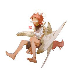 Rule 34 | 1boy, animal ears, artist name, barefoot, between legs, biting, black shirt, blue eyes, body fur, bone, brown wings, clenched teeth, fangs, feathered wings, feathers, fox ears, fox tail, full body, grey shorts, halo, hand between legs, heterochromia, highres, invisible chair, layered shirt, looking up, male focus, mouth hold, multiple wings, original, own hands together, red hair, shenxiao123, shirt, short hair, shorts, simple background, sitting, soles, solo, tail, teeth, teeth hold, torn clothes, torn sleeves, v arms, white background, white shirt, white wings, wings, yellow eyes