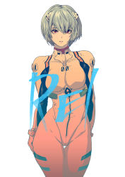 Rule 34 | 1girl, arms at sides, ayanami rei, blue hair, breasts, butcherboy, character name, hair between eyes, highres, interface headset, looking at viewer, medium breasts, neon genesis evangelion, parted lips, plugsuit, red eyes, short-haired girl (osomatsu-san), simple background, solo, thigh gap, thighs, white background