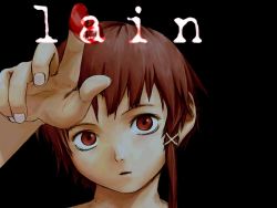 Rule 34 | 1990s (style), 1girl, abe yoshitoshi, black background, blood, brown eyes, brown hair, female focus, hair ornament, hairclip, highres, iwakura lain, official art, official wallpaper, portrait, retro artstyle, serial experiments lain, short hair, solo, wallpaper