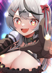 Rule 34 | 1girl, 9696k, absurdres, belt collar, black collar, black dress, black gloves, black hair, blush, breasts, cleavage, collar, commentary request, dress, fang, frilled dress, frills, gloves, grey hair, highres, holding, holding microphone, hololive, large breasts, looking at viewer, microphone, multicolored hair, open mouth, orange eyes, oshi no ko, parody, partial commentary, pointing, pointing at viewer, sakamata chloe, smile, solo, star-shaped pupils, star (symbol), streaked hair, symbol-shaped pupils, virtual youtuber