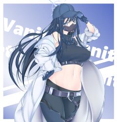 Rule 34 | 1girl, absurdres, bare shoulders, baseball cap, belt, black belt, black pants, black shirt, blue archive, blue background, blue eyes, blue gloves, blue hair, blue hat, breasts, coat, commentary request, cowboy shot, crop top, gloves, hat, highres, kachihokori satake, large breasts, leggings, long hair, looking at viewer, mask, midriff, mouth mask, navel, off shoulder, open clothes, open coat, pants, saori (blue archive), shirt, solo, standing, stomach, thighs, very long hair