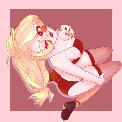 Rule 34 | 1girl, absurdres, artist request, ass, blonde hair, bra, breasts, charlie morningstar, cum, cum on body, cum on breasts, cum on upper body, demon, demon girl, hazbin hotel, heart, heart-shaped pupils, highres, large breasts, long hair, looking at viewer, nail polish, nude, one eye closed, panties, shoes, solo, symbol-shaped pupils, teeth, thighhighs, underwear