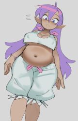 Rule 34 | 1girl, alternative body build, belly, big belly, blush, breasts, cleavage, covered erect nipples, dark skin, fat, highres, large breasts, long hair, pajamas, plump, pointy ears, purple eyes, purple hair, shantae, shantae (series), simple background, solo, stomach, tagme, underboob, wamudraws