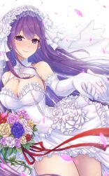 Rule 34 | 1girl, alternate costume, bare shoulders, blush, bouquet, breasts, bride, cleavage, cleavage cutout, clothing cutout, commission, dress, earrings, elbow gloves, flower, frilled dress, frilled gloves, frills, gj-bu, gloves, highres, jewelry, large breasts, long hair, looking at viewer, purple eyes, purple hair, ring, rose, skeb commission, solo focus, strapless, strapless dress, sumeragi shion, very long hair, waa! okami, wedding dress, wedding ring, white dress, white flower, white gloves, white rose