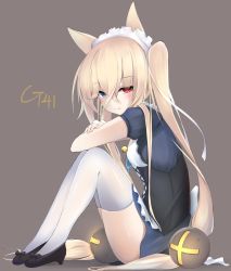 Rule 34 | 1girl, alternate costume, animal ears, bell, black footwear, blonde hair, blue eyes, blue skirt, blush, brown background, character name, closed mouth, corset, enmaided, from side, g41 (girls&#039; frontline), girls&#039; frontline, hair between eyes, hair bobbles, hair ornament, half-closed eyes, heterochromia, highres, jingle bell, legs together, long hair, looking at viewer, maid, maid headdress, puffy short sleeves, puffy sleeves, red eyes, shoes, short sleeves, simple background, sitting, skirt, solo, thighhighs, thighs, tsurime, very long hair, white thighhighs, xiaobai (cheng pan)