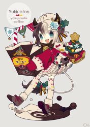 Rule 34 | 1girl, animal ears, bell, blue eyes, boots, character name, christmas, christmas tree, colored skin, cow ears, cow girl, cow horns, cowbell, dress, drinking straw, fur trim, grey background, hair ornament, hairclip, hat, horns, methyl key, mittens, multicolored hair, open mouth, simple background, sleigh, smile, thighhighs, two-tone hair, ushi musume yukico-tan, white skin, white thighhighs, yukico-tan, yukijirushi