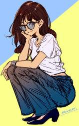 Rule 34 | 1girl, black footwear, blue background, blue pants, brown hair, closed mouth, full body, head rest, high heels, long hair, looking at viewer, original, pants, pumps, shirt, short sleeves, sketch, smile, solo, squatting, sugano manami, sunglasses, t-shirt, two-tone background, white shirt, yellow background