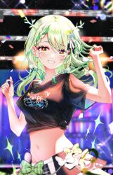 Rule 34 | 1girl, antlers, black shirt, blush, braid, braided bangs, breasts, ceres fauna, flower, green hair, hair flower, hair ornament, hands up, highres, hololive, hololive english, hololive idol uniform, hololive idol uniform (bright), horns, long hair, looking at viewer, medium breasts, mole, mole under eye, navel, shirt, skirt, smile, solo, sowon, stomach, tied shirt, virtual youtuber, yellow eyes
