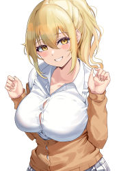 Rule 34 | 1girl, absurdres, blonde hair, blush, breasts, collared shirt, commentary request, hair between eyes, hands up, head tilt, highres, large breasts, long sleeves, looking at viewer, love live!, love live! nijigasaki high school idol club, miyashita ai, namazu (yamasonson), parted lips, ponytail, shirt, simple background, smile, solo, teeth, white background, white shirt, yellow eyes