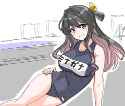 Rule 34 | 1girl, 30-06, alternate costume, black hair, blue one-piece swimsuit, breasts, covered navel, hair between eyes, hair ribbon, hand on own hip, kantai collection, large breasts, long hair, looking at viewer, multicolored hair, naganami (kancolle), name tag, old school swimsuit, one-piece swimsuit, pink hair, ribbon, school swimsuit, smile, swimsuit, swimsuit under clothes, two-tone hair, wavy hair