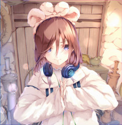 Rule 34 | 1girl, aotsuki kaoru, bad id, bad pixiv id, begging, blue eyes, brown hair, closed mouth, coat, commentary request, dutch angle, frills, go-toubun no hanayome, hair between eyes, hair ornament, headphones, headphones around neck, highres, indoors, long hair, long sleeves, looking at viewer, nakano miku, own hands together, palms together, sleeves past wrists, smile, solo, stove, upper body, white coat, wooden door