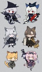 Rule 34 | anger vein, animal ear fluff, animal ears, arknights, black cape, black dress, black footwear, black hairband, black headwear, black jacket, black necktie, black skirt, black thighhighs, boots, brown eyes, brown hair, cape, cat ears, cat girl, cat tail, cheese (chisi64726930), colored eyelashes, commentary, dress, english commentary, gladiia (arknights), goldenglow (arknights), grey background, grey hair, hair between eyes, hair ornament, hairband, hairclip, hat, highres, jacket, lappland (arknights), lightning bolt print, long hair, mini hat, mousse (arknights), multiple tails, necktie, orb, pantyhose, parted lips, penance (arknights), pink footwear, pink hair, print hairband, red eyes, ribbed legwear, scar, scar across eye, shirt, skadi (arknights), skirt, staff, stuffed animal, stuffed orca, stuffed toy, tail, tears, thighhighs, thighhighs under boots, tilted headwear, two tails, very long hair, white shirt