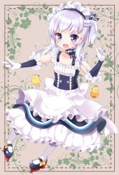 Rule 34 | 1girl, :d, aged down, animal, apron, azur lane, belfast (azur lane), bird, black footwear, blue dress, blue eyes, blue ribbon, blush, braid, collarbone, commentary, dress, elbow gloves, frilled apron, frills, gloves, hair ribbon, hand up, highres, karaage3, little bel (azur lane), long hair, looking at viewer, maid headdress, one side up, open mouth, outstretched arm, pantyhose, ribbon, silver hair, smile, solo, teeth, upper teeth only, white apron, white gloves, white pantyhose