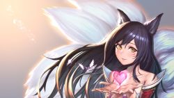 Rule 34 | 1girl, ahri (league of legends), animal ears, bare shoulders, black hair, closed mouth, collarbone, commentary request, detached sleeves, facial mark, floating hair, fox ears, fox tail, gradient background, hair between eyes, hands up, heart, highres, league of legends, light particles, long hair, long sleeves, looking at viewer, moonandmist, multiple tails, outstretched hand, slit pupils, smile, solo, tail, translucent, upper body, whisker markings, white tail, wind, yellow eyes