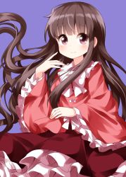 Rule 34 | 1girl, blunt bangs, bow, bowtie, brown eyes, brown hair, eyes visible through hair, frilled skirt, frilled sleeves, frills, hand up, highres, houraisan kaguya, long hair, long skirt, long sleeves, looking at viewer, pink shirt, purple background, red skirt, ruu (tksymkw), shirt, simple background, skirt, smile, solo, touhou, white bow, white bowtie, wide sleeves