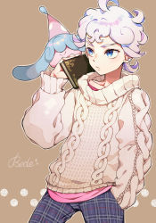 Rule 34 | 1boy, ahoge, alternate costume, bede (pokemon), blue eyes, book, brown background, cable knit, character name, closed mouth, commentary request, creatures (company), curly hair, eyelashes, game freak, gen 8 pokemon, hand in pocket, hand up, hatenna, holding, holding book, male focus, nintendo, pants, pink skirt, plaid, plaid pants, pokemon, pokemon (creature), pokemon swsh, sasairebun, short hair, skirt, sweater