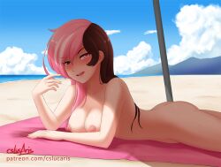 Rule 34 | 1girl, blush, breasts, brown eyes, brown hair, come hither, from side, grey eyes, heterochromia, highres, large breasts, legs, licking lips, looking at viewer, lying, naughty face, neo politan, nipples, on stomach, pink eyes, pink hair, rwby, smile, solo, sweat, the pose, thighs, tongue, tongue out, towel