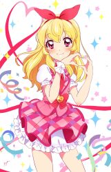 Rule 34 | 1girl, aikatsu!, aikatsu! (series), blonde hair, blush, bow, closed mouth, cowboy shot, frilled skirt, frills, hair bow, hairband, heart, heart hands, highres, hoshimiya ichigo, idol clothes, long hair, looking at viewer, necktie, payacoxx, pink skirt, pink vest, puffy short sleeves, puffy sleeves, red bow, red eyes, red hairband, red necktie, shirt, short sleeves, skirt, smile, solo, sparkle, standing, vest, white shirt, wrist cuffs