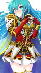 Rule 34 | 1girl, aqua hair, armor, armored dress, blue eyes, blush, breastplate, cape, earrings, eirika (fire emblem), fingerless gloves, fire emblem, fire emblem: the sacred stones, fire emblem heroes, gloves, heart, heart hands, highres, ippers, jewelry, miniskirt, nintendo, signature, simple background, skirt, solo, thighhighs, thighs