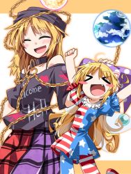 Rule 34 | &gt; &lt;, 2girls, :d, ^ ^, american flag dress, american flag legwear, american flag shirt, arms up, bare shoulders, blonde hair, blush, blush stickers, chain, chibi, closed eyes, clothes writing, clownpiece, collar, commentary request, dress, earth (planet), english text, fang, hand on another&#039;s head, happy, hat, headpat, hecatia lapislazuli, height difference, hemogurobin a1c, jester cap, jumping, long hair, moon, multicolored clothes, multicolored skirt, multiple girls, off-shoulder shirt, off shoulder, open mouth, pantyhose, planet, print dress, shirt, short dress, simple background, skirt, smile, striped clothes, striped dress, touhou, very long hair, xd