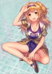 Rule 34 | 10s, 1girl, breasts, brown eyes, checkered floor, commentary request, from above, full body, hairband, i-26 (kancolle), indian style, kantai collection, large breasts, light brown hair, long hair, looking at viewer, name tag, new school swimsuit, one-piece swimsuit, open clothes, open mouth, sailor collar, salute, school swimsuit, short sleeves, sitting, solo, swimsuit, swimsuit under clothes, two-tone hairband, two side up, urokoda