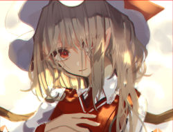 Rule 34 | 1girl, blonde hair, closed mouth, collared shirt, flandre scarlet, hair over one eye, hand on own chest, hands up, hat, hat ribbon, highres, light smile, long sleeves, mob cap, necktie, one side up, pointy ears, red eyes, red necktie, red ribbon, red vest, ribbon, shi chimi, shirt, short hair with long locks, solo, tilted headwear, touhou, upper body, vest, white hat, white shirt, wing collar, wings