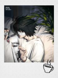 Rule 34 | 1boy, bags under eyes, black eyes, black hair, blurry, blurry background, coffee cup, cup, death note, disposable cup, hair between eyes, holding, holding cup, holding paper, indoors, jnkku, l (death note), long sleeves, male focus, messy hair, paper, plant, polaroid, shirt, short hair, solo, upper body, white shirt