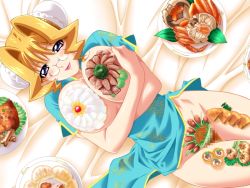 Rule 34 | 1girl, blonde hair, blush, breasts, censored, chinese clothes, food, game cg, glasses, large breasts, lying, mature female, solo
