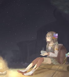 Rule 34 | 1girl, armband, atelier (series), atelier firis, backpack, bad id, bad pixiv id, bag, blush, boots, braid, brown hair, campfire, circlet, collarbone, commentary request, crystal, cup, detached sleeves, female focus, firis mistlud, frilled shirt, frills, green eyes, hair over shoulder, holding, holding cup, hood, hood down, log, long sleeves, looking afar, night, night sky, ojiki, pleated skirt, puffy long sleeves, puffy sleeves, shirt, shorts, shorts under skirt, single braid, sitting, sitting on object, skirt, sky, sleeveless, smoke, solo, staff, star (sky), starry sky, steam